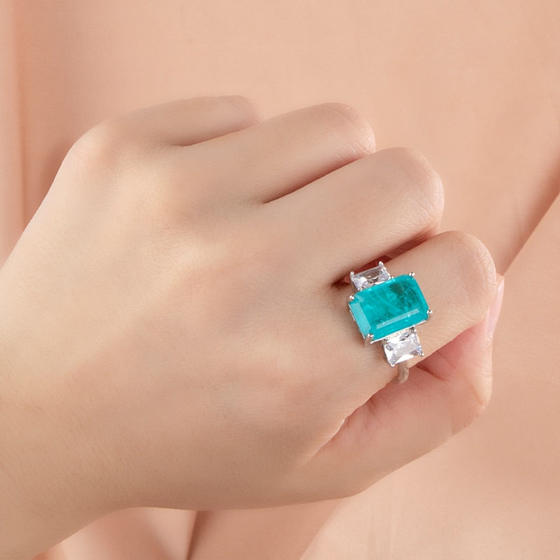 925 Sterling Silver Paraiba Gemstone Rectangle Rings for Women