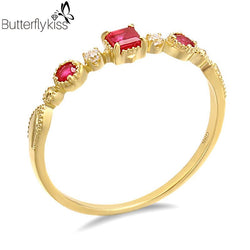 BK Genuine 585 9K Yellow Gold Sparkling Red Ruby Moissanite Diamond Ring