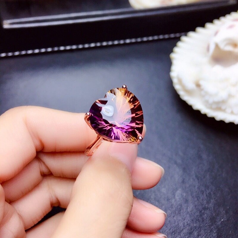 SHIQING 925 Sterling Silver Genuine Heart-Shaped Ametrine Resizable Ring