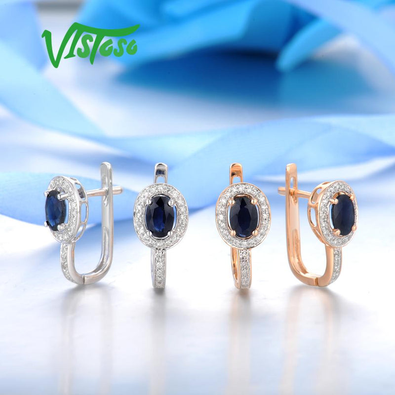VISTOSO Genuine 14K 585 White/Rose Gold Sparkling Diamond Blue Sapphire Earrings