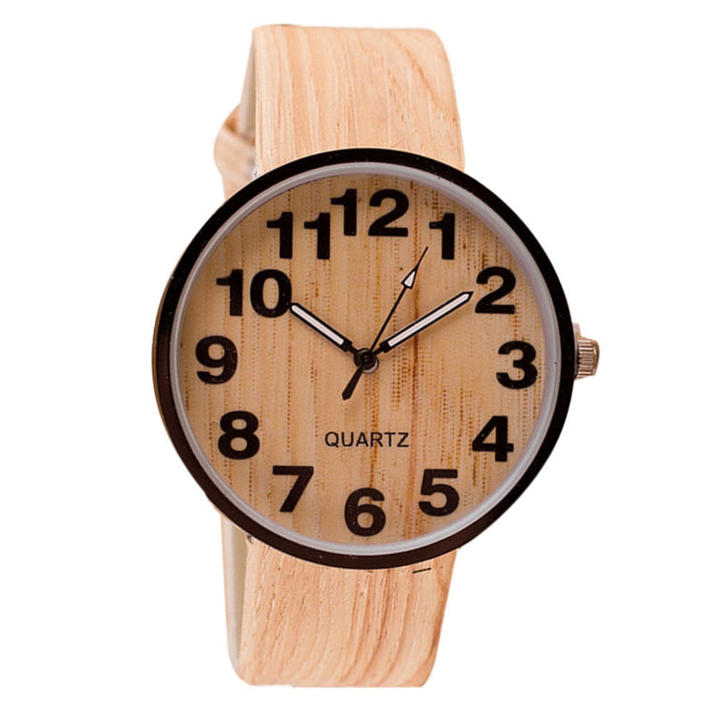 Stainless Steel Wood Grain Leather Quartz Watch for Women & Men