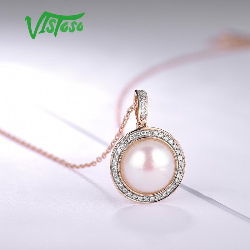 VISTOSO Pure 14K 585 Rose Gold Sparkling Diamond Elegant Fresh Water Pearl Pendant