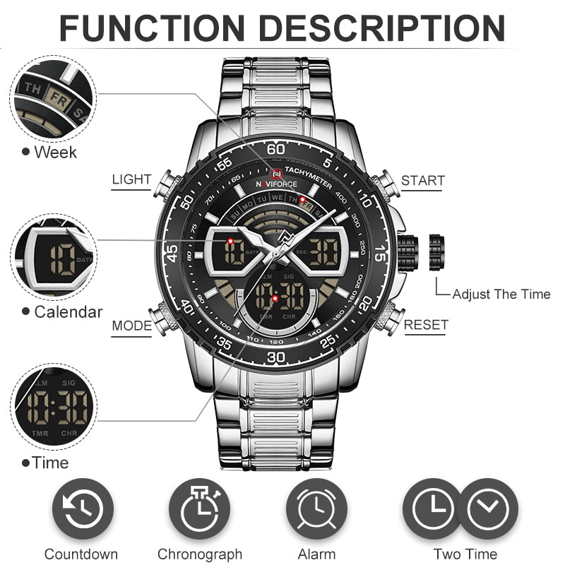 Stainless steel Quartz Digital Analog Sport Watch for Men