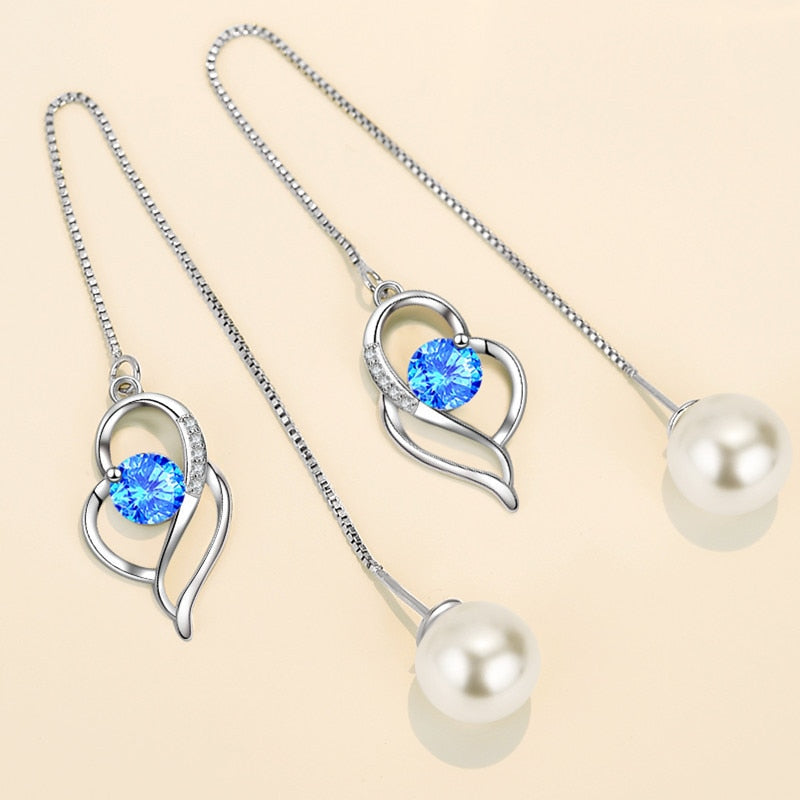 NEHZY 925 Sterling Silver New Womens Fashion Jewelry Earline High Quality Crystal Zircon Pearl Long Tassel Heart Earrings