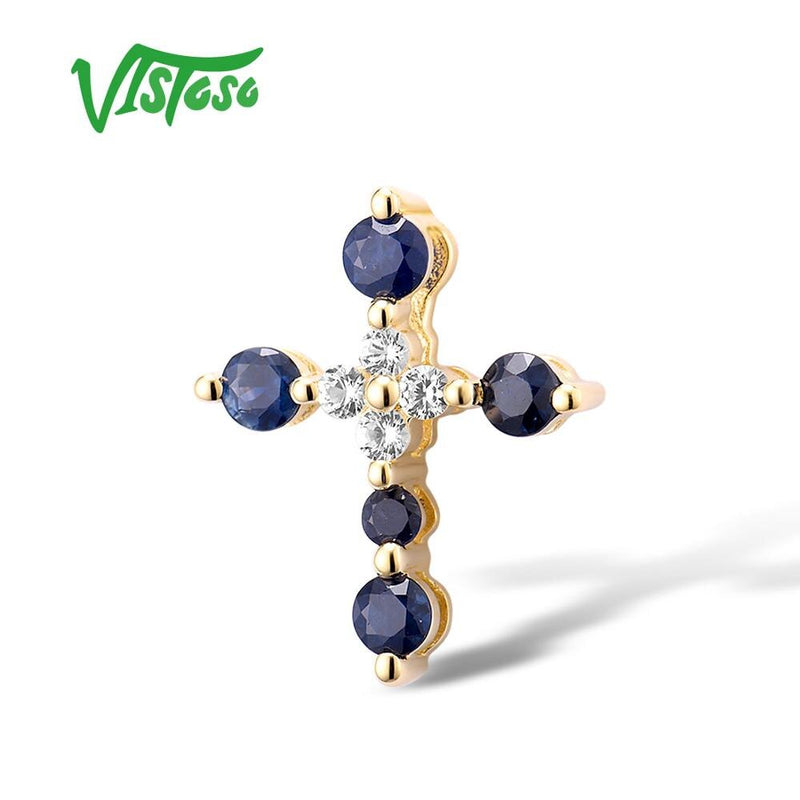 14K Yellow Gold Cross Blue and White Sapphire Pendant for Women