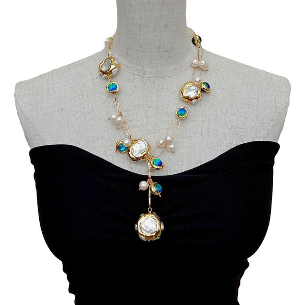 YYGEM Blue Murano Glass Freshwater Cultured White Keshi Pearl Gold Filled Chain Necklace 21\"