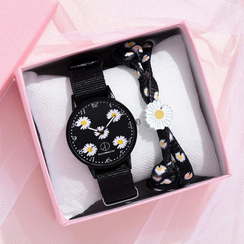Silver Daisy Flowers Nylon Band Women's Watch