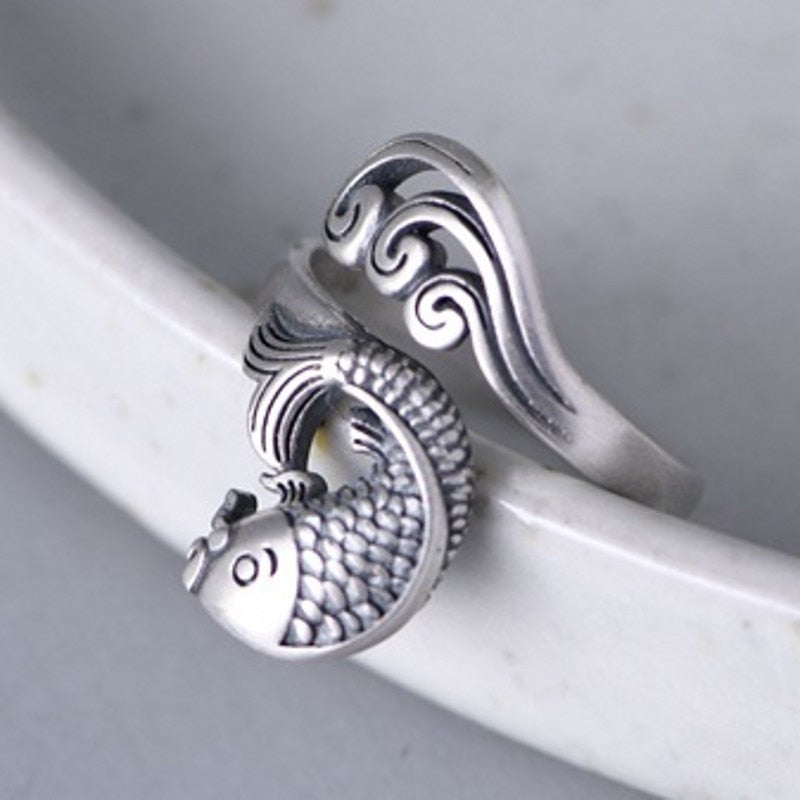 Solid S925 Sterling Silver Water Ripple Carp Ring for Woman