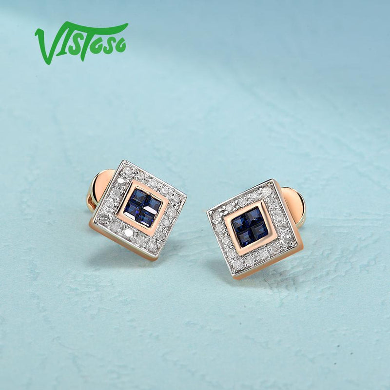 14K Rose Gold Blue Sapphire Diamond Earrings for Women