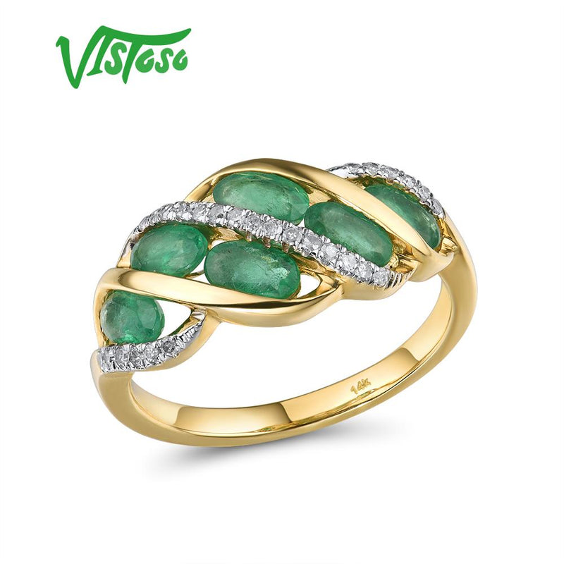 VISTOSO Gold Rings For Women Pure 14K 585 Yellow Gold Ring Natural Oval Emerald Diamond Engagement Anniversary Gift Fine Jewelry