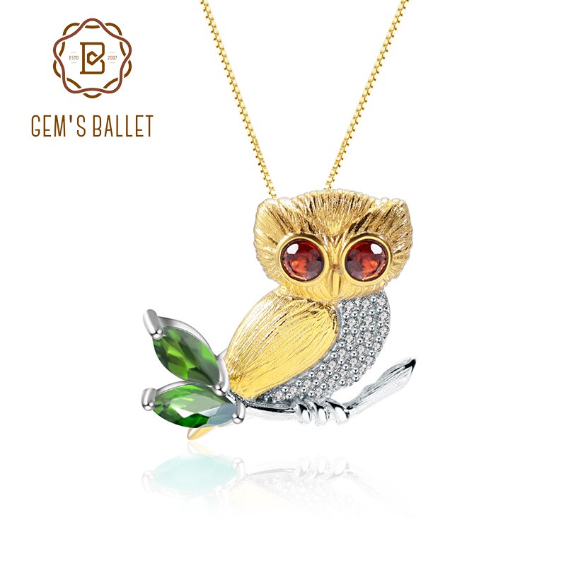 GEMS BALLET 925 Sterling Silver Natural Chrome Diopside Red Garnet Owl Pendant