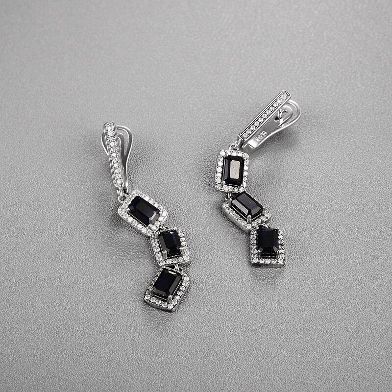 925 Sterling Silver Natural Black Sapphire Emerald-cut Clasp Earrings