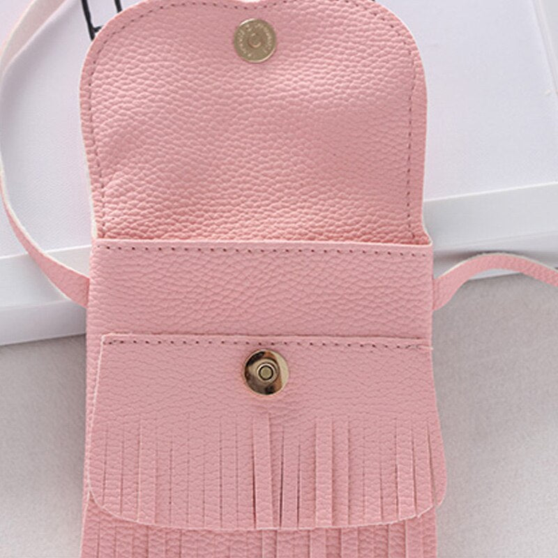 Cute Children Girls Tassel Small Cat Shoulder Messenger Bag Mini Coin Purses PU Leather Handbags Wallet SAL99