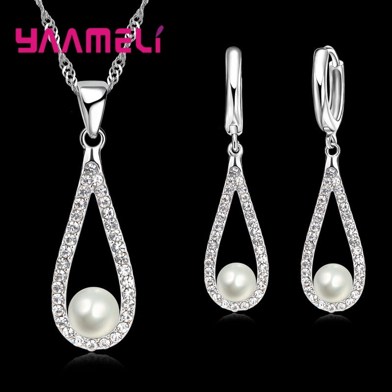 Pure 925 Sterling Silver Shiny CZ Crystal Water Drop Pearl Necklaces Pendant Chain Earrings Woman Fine Wedding Jewelry Set Gift