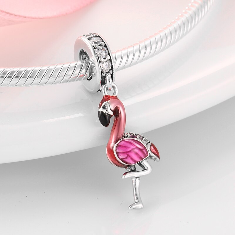 925 Sterling Silver Enamel Flamingo Fashion Charm Bead Fit Original Pandora Charms Bracelets