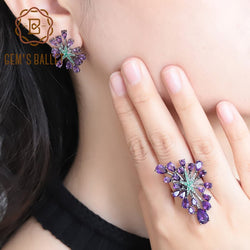 GEMS BALLET 925 Sterling Silver Natural Amethyst Vintage Gothic Earrings & Ring Jewelry Set
