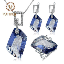 GEMS BALLET925 Sterling Silver 63.59Ct Natural Iolite Blue Mystic Quartz Necklace Earrings & Ring Jewelry Set