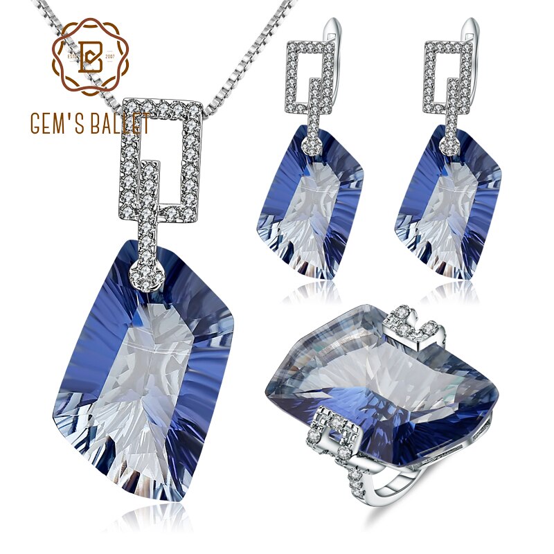 GEMS BALLET925 Sterling Silver 63.59Ct Natural Iolite Blue Mystic Quartz Necklace Earrings & Ring Jewelry Set
