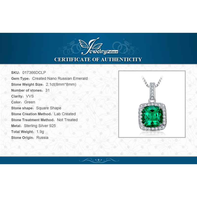 925 Sterling Silver Square Simulated Nano Emerald Pendant Necklace for Women