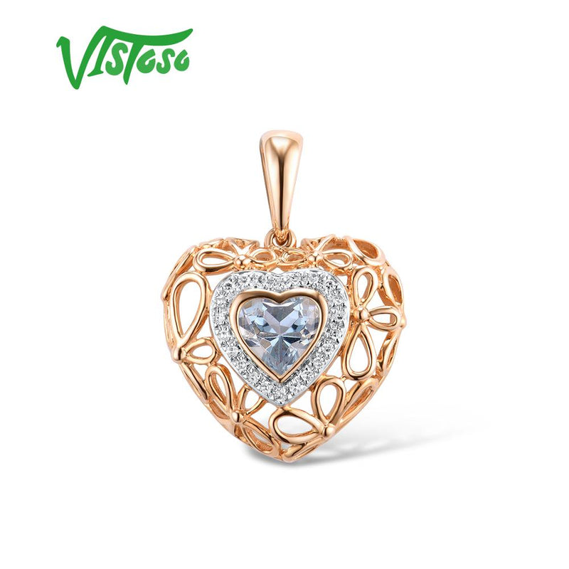 VISTOSO Genuine 14K 585 Rose Gold Sky Blue Topaz Sparkling Diamond Pendant
