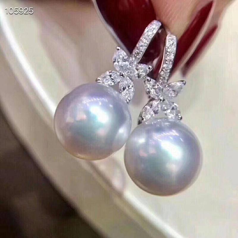 Pure 925 Sterling Silver 9-10mm Fresh Water White Round Pearl Dangle Earrings