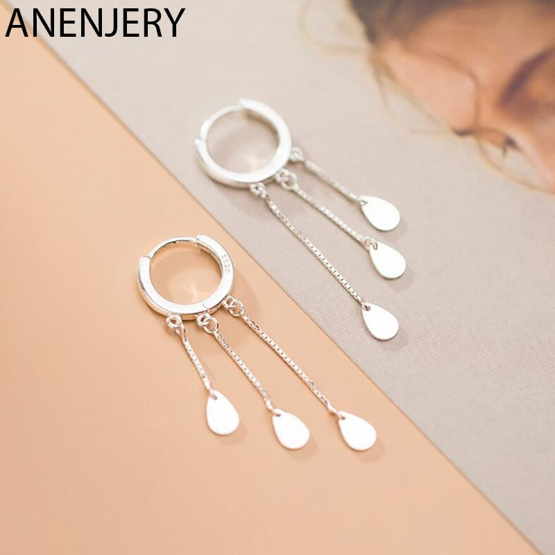 Anenjery Dainty 925 Sterling Silver Water Drop Tassel Hoop Earrings