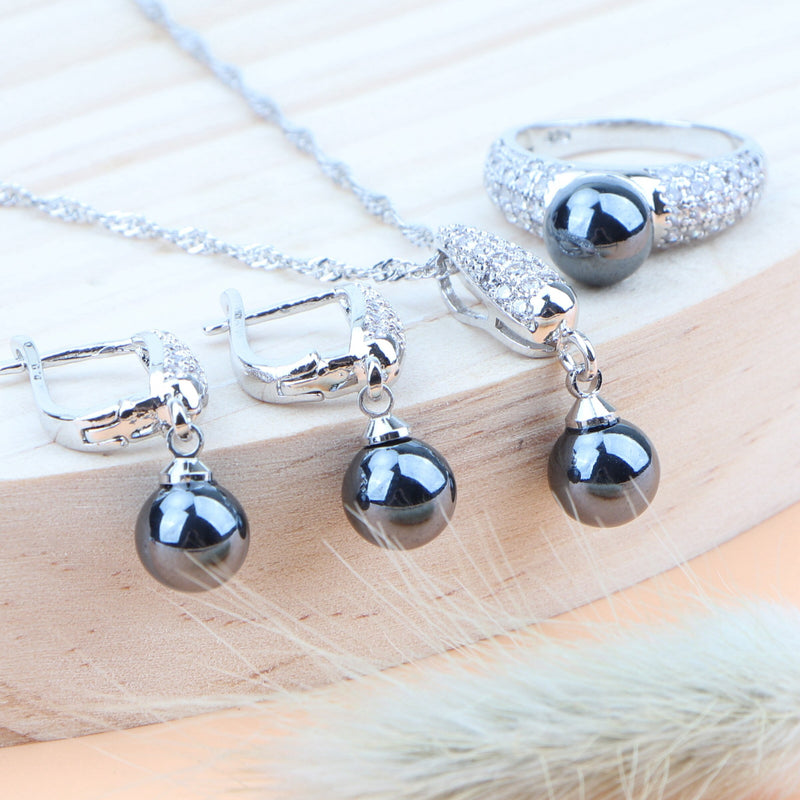 Luxury Handmade Round Pearl Zircon Ring Earrings & Pendant Necklace Jewelry Set in 925 Sterling Silver