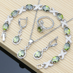 Sterling Silver Olive Green Topaz Earrings, Bracelet & Necklace Set for Women