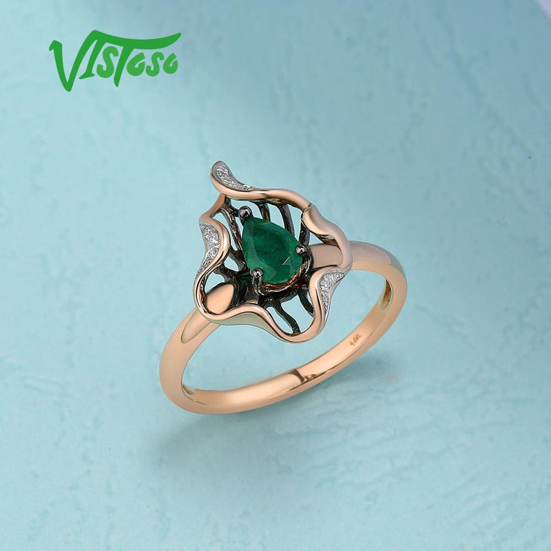 VISTOSO Genuine 14K 585 Rose Gold Magic Emerald Sparkling Diamond Ring