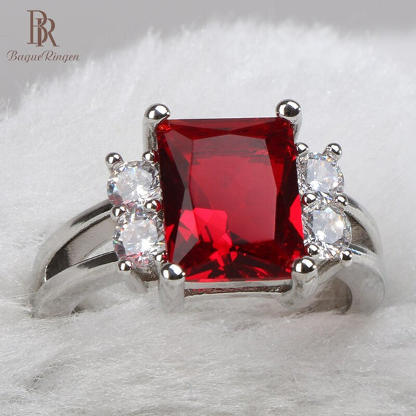 Bague Ringen 925 Sterling Silver Classic Square Ruby Gemstones Ring