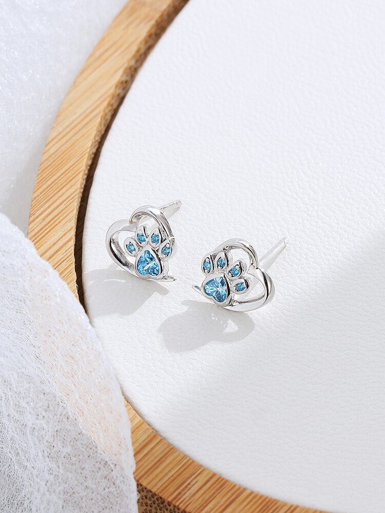 SILVERHOO Genuine Sterling Silver 925 Jewelry Animal Paw Cute Earrings For Women Heart Shape Blue CZ Cubic Zirconia Stud Earring