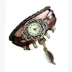 Womens Watch Girl Vintage Bracelet Wristwatches Leaf Pendant Coffee Elegant Woman Watch Montre Femme Acier Inoxydable