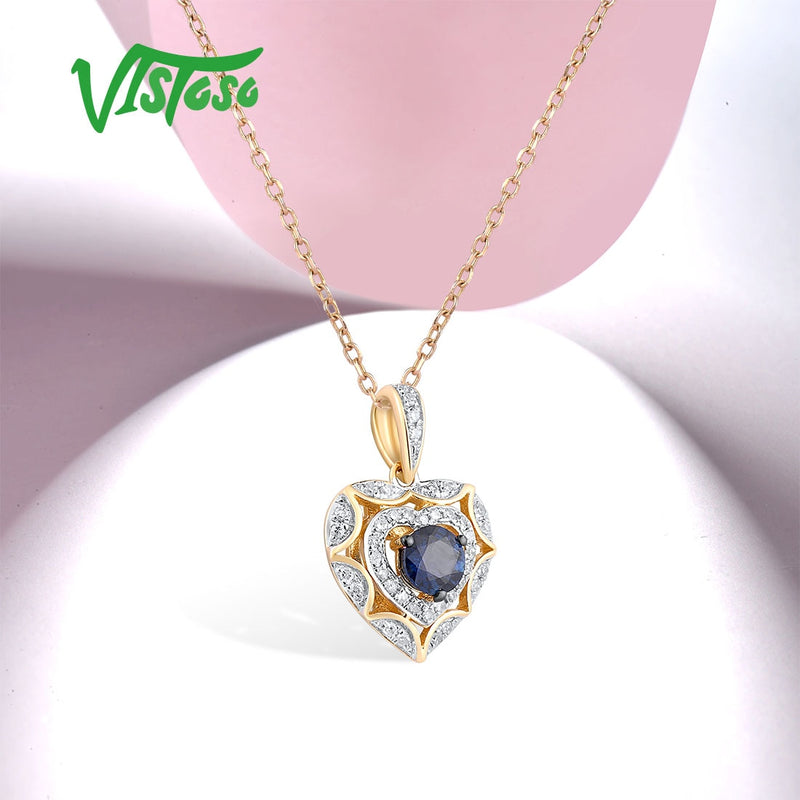 14K Yellow Gold Heart Pendant with Diamond Blue Sapphire for Woman