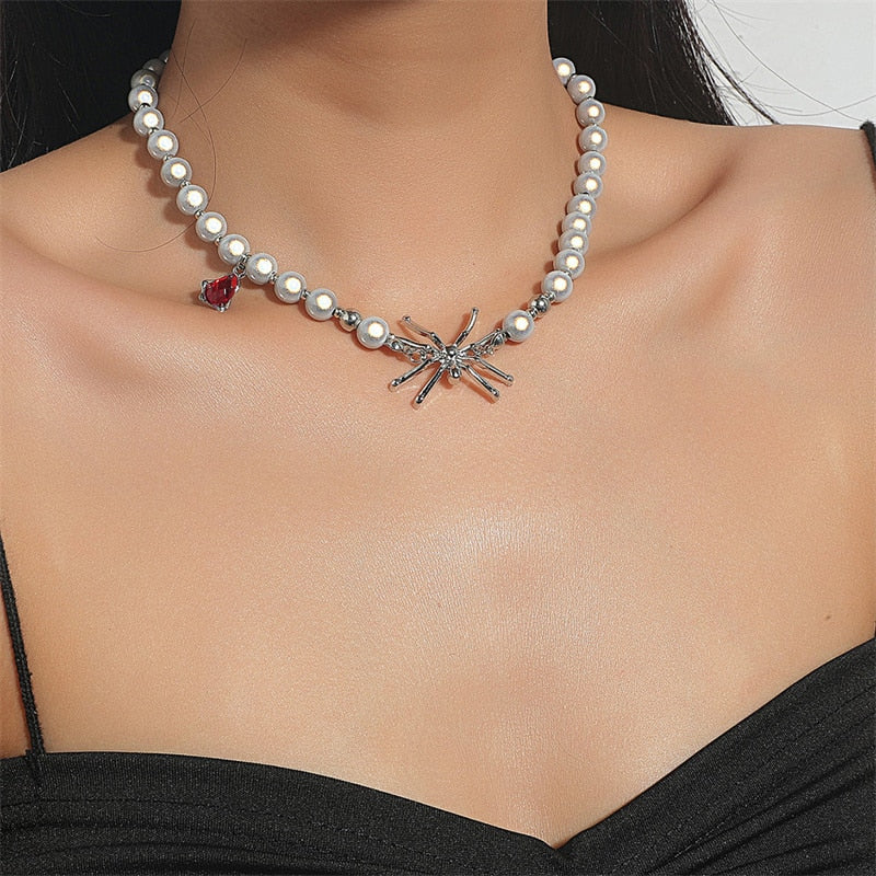 Sterling Silver Reflective Pearl Spider Red Gemstone Necklace for Women