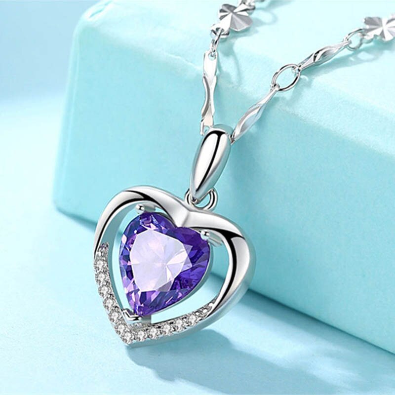 BIJOX STORY Fashion 925 Sterling Silver Heart-shape Sapphire Amethyst Gemstones Pendant Necklace