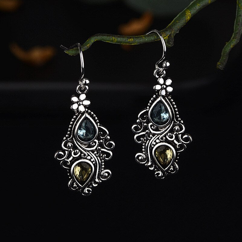 JoiasHome 925 sterling Silver Vintage Ethnic Blue Sea Topaz Flower Water Drop Pear Shaped Earrings