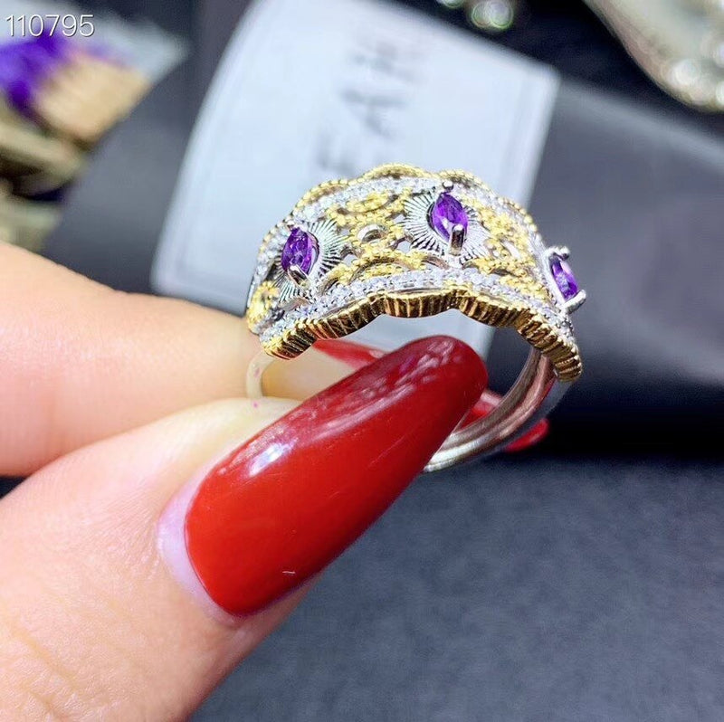 925 Sterling Silver Plated Gold Natural Amethyst Ring