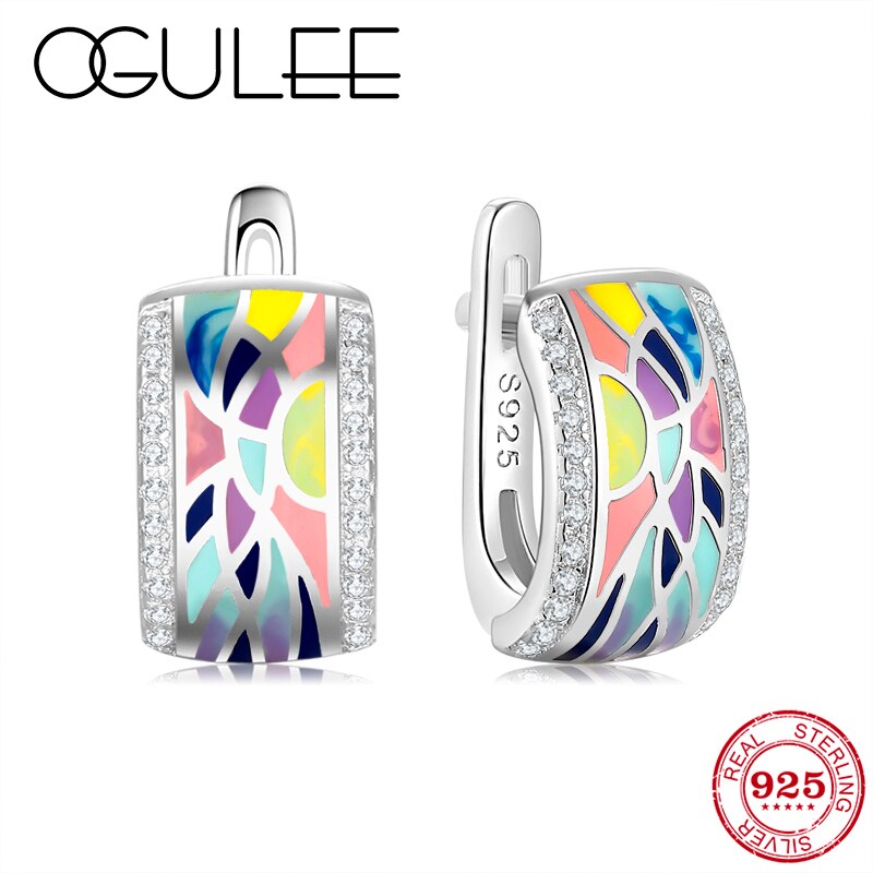 925 Silver Colorful Handmade Enamel Sparkling CZ Clip Earrings