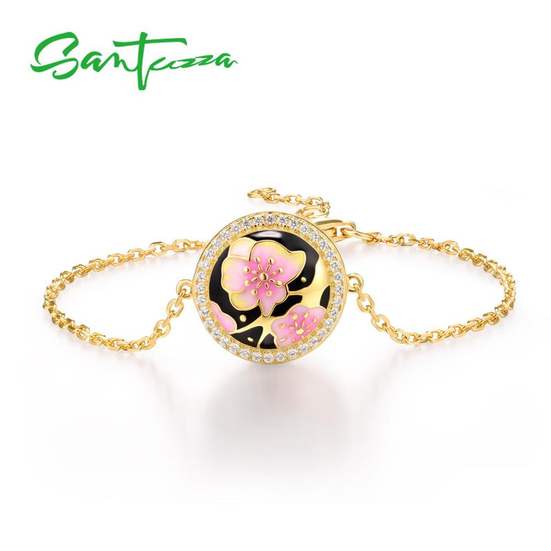 SANTUZZA 925 Sterling Silver Cherry blossoms Enamel Earrings Ring Pendant & Bracelet Jewelry Set