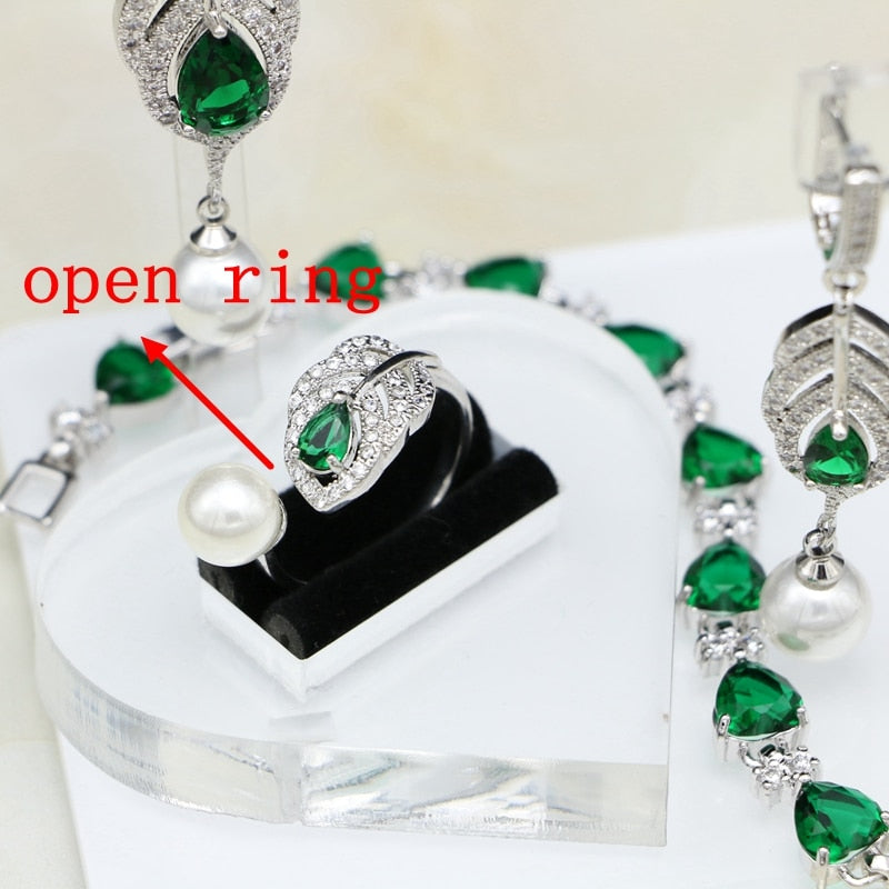 Silver Natural Green Cubic Zirconia White Pearl Jewelry Set for Women