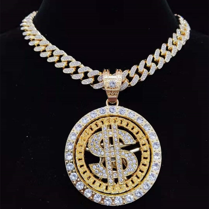 Silver Iced Out Bling Rotatable Dollar Pendant Necklace with 13mm Crystal Cuban Chain for Men