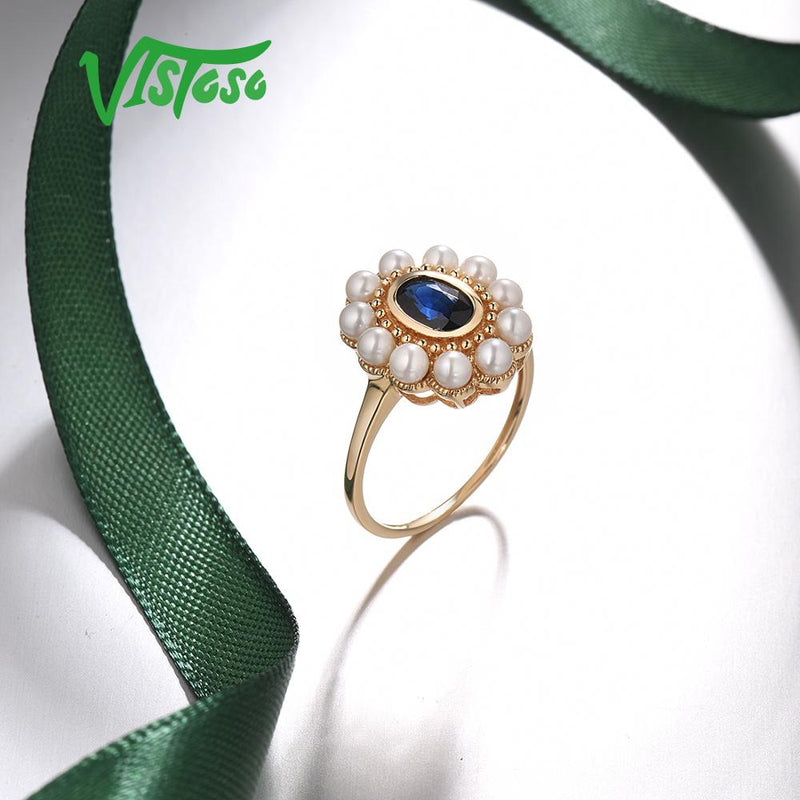 14K Yellow Gold Blue Sapphire and Freshwater Pearl Ring for Women