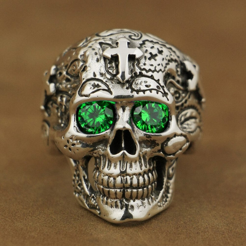 LINSION 925 Sterling Silver Skull with Big Colorful Zircon Eyes Bikers Ring
