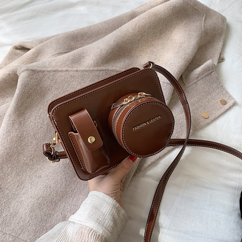 Leather Vintage Camera Shape Shoulder Bag for Women