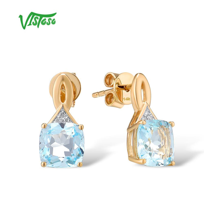 VISTOSO 14K 585 Yellow Gold Glamorous Shiny Blue Topaz Sparkling Diamond Earrings
