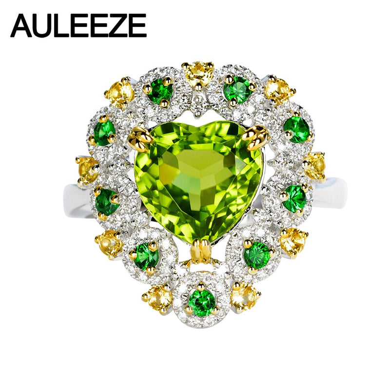 AULEEZE Real 18K White Gold Luxury Green Peridot Diamond Ring
