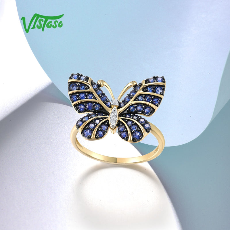 9K Yellow Gold Lab Created Sapphire and Topaz Butterfly Ring for Women