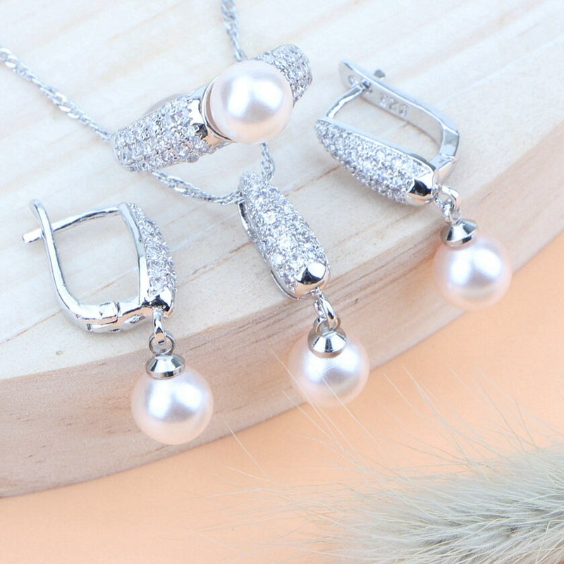 Luxury Handmade Round Pearl Zircon Ring Earrings & Pendant Necklace Jewelry Set in 925 Sterling Silver
