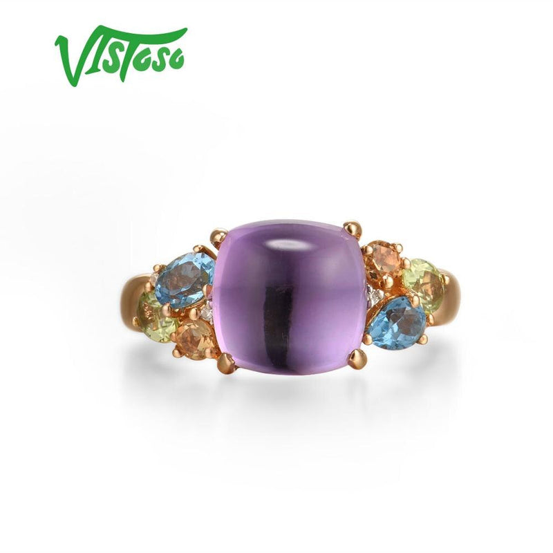 VISTOSO Genuine 14K 585 Rose Gold Sparkling Diamond Fancy Citrine Amethyst Peridot Blue Topaz Ring