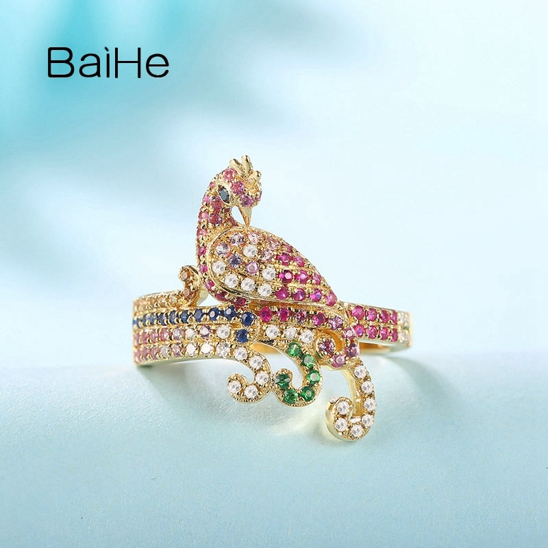 14K Yellow Gold Bird Ring with Sapphire, Diamond & Tsavorite for Women